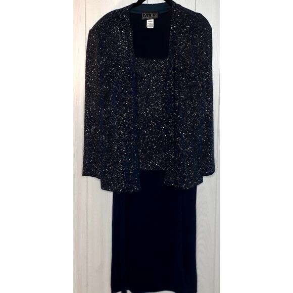 Alex Evenings Navy Sparkly 2 Piece Dress Set Size 14W Dress & Jacket - Picture 1 of 6